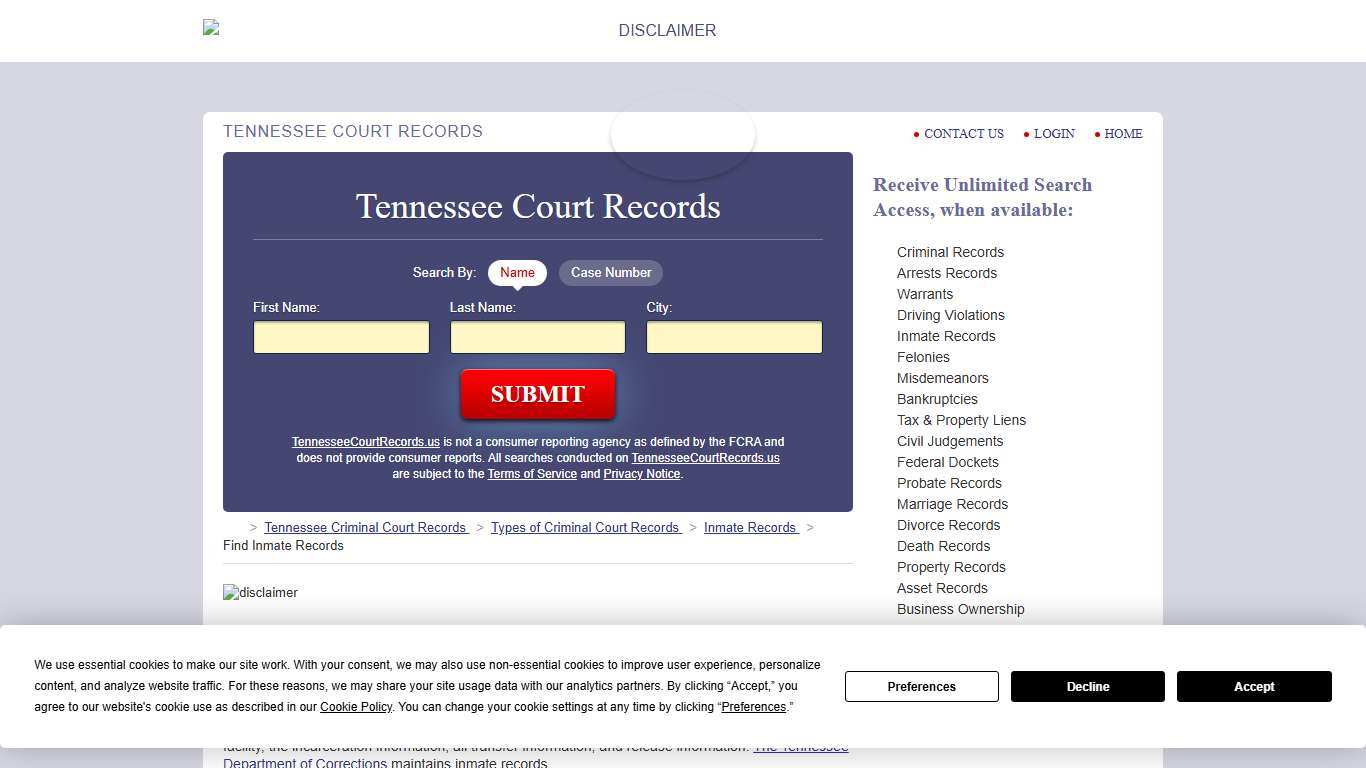 Tennessee Inmate Search TennesseeCourtRecords.us
